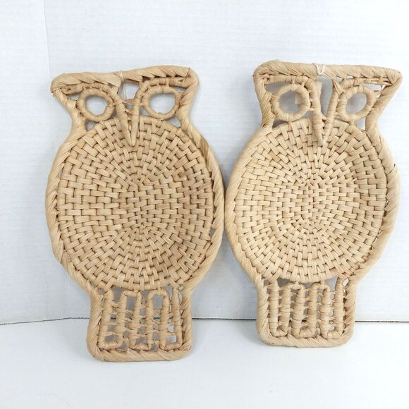 Set Of 2 Handwoven Straw Owl Baskets Wall Hanging Trivets Rustic Bohio Chic - Picture 7 of 7